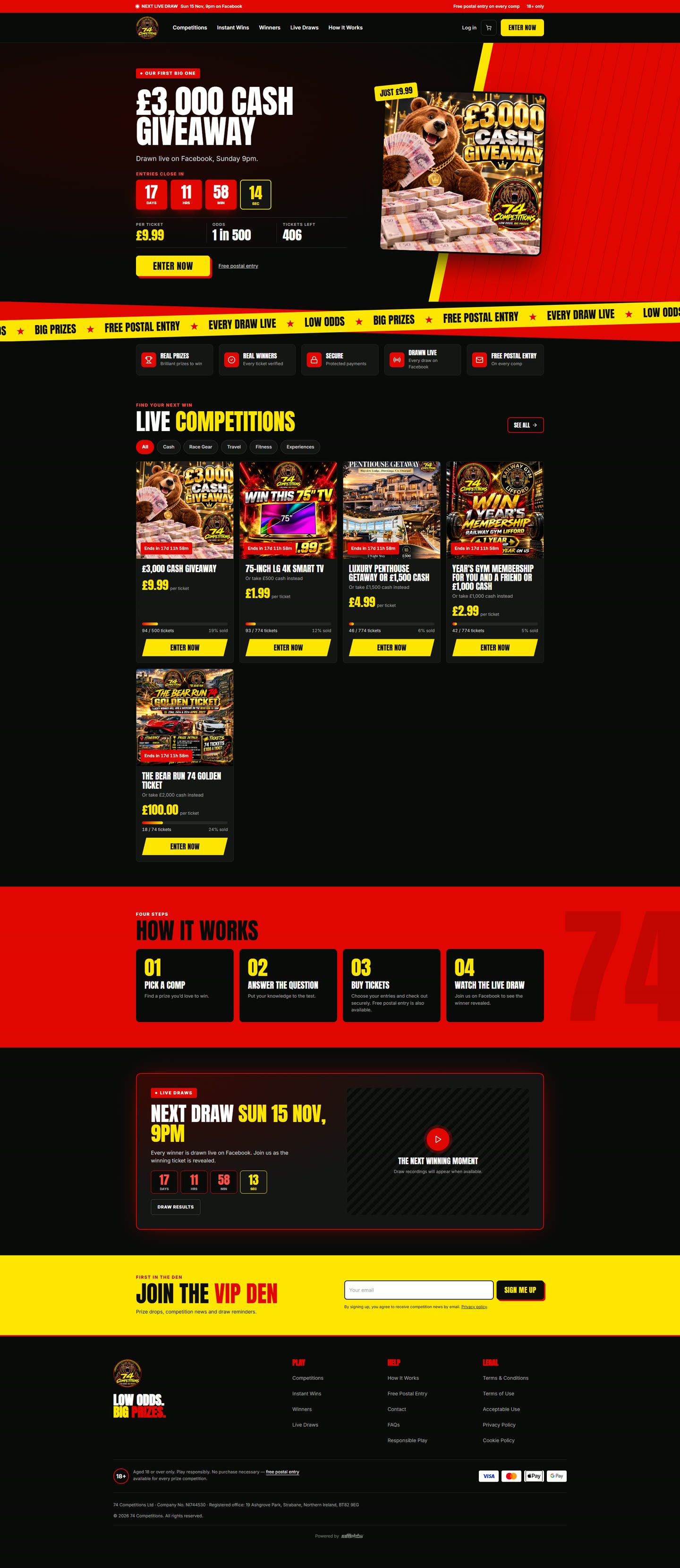 The 74 Competitions homepage, built by RaffleLabs