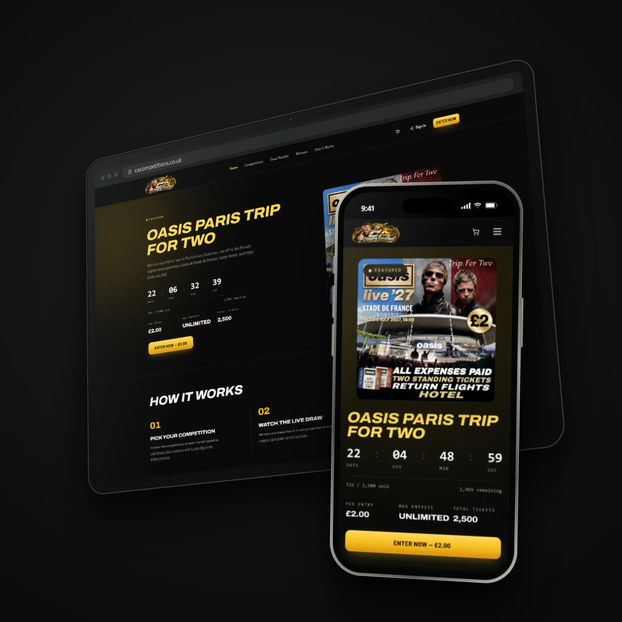 Callum Abroad's CA Competitions website, built by RaffleLabs, shown on a tablet and a phone