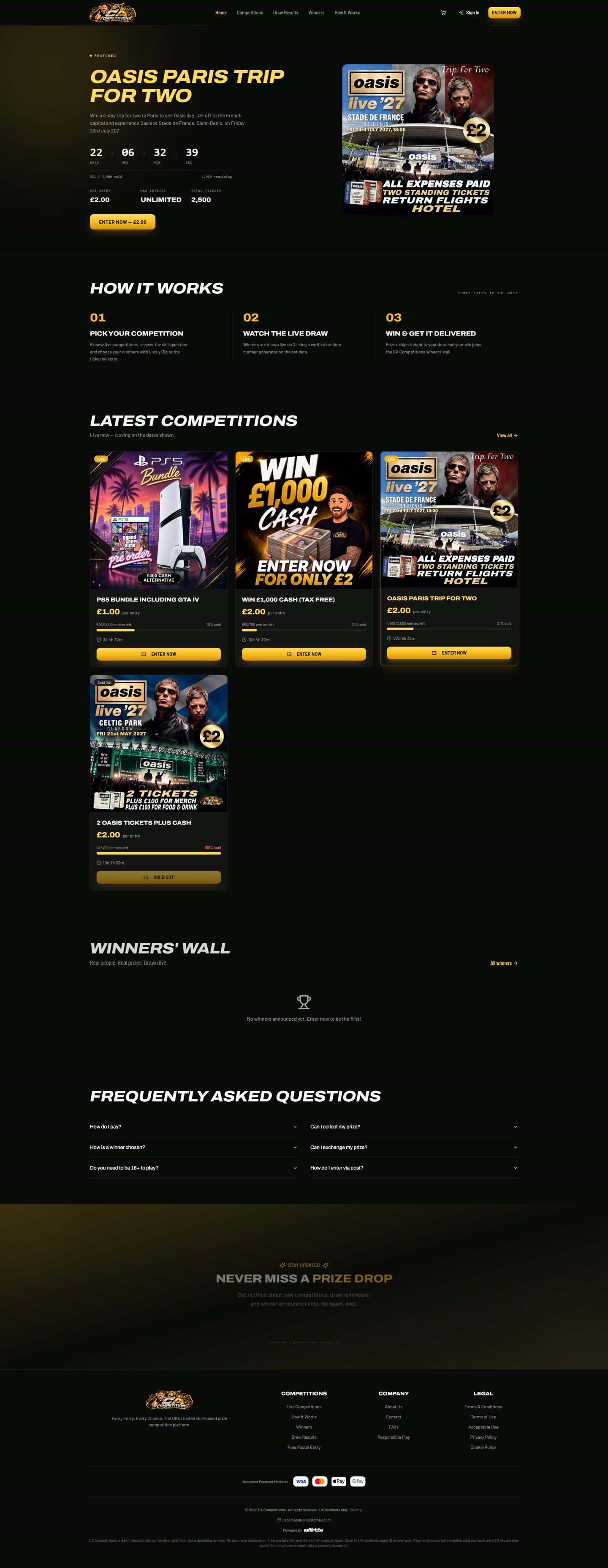 The CA Competitions homepage, built by RaffleLabs for Callum Abroad