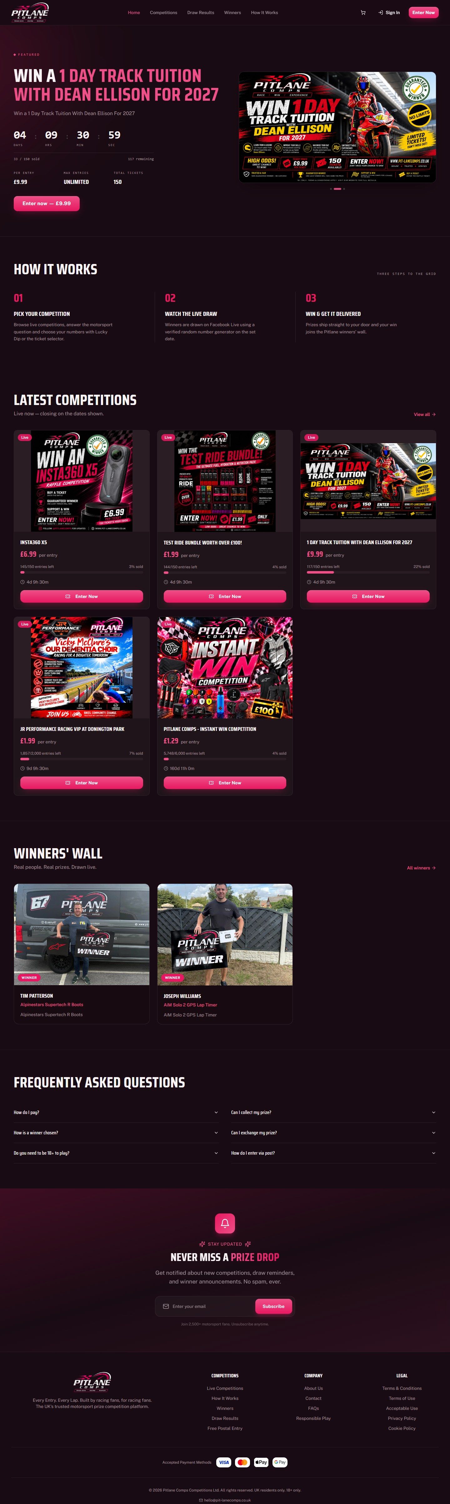 The Pitlane Comps homepage, built by RaffleLabs
