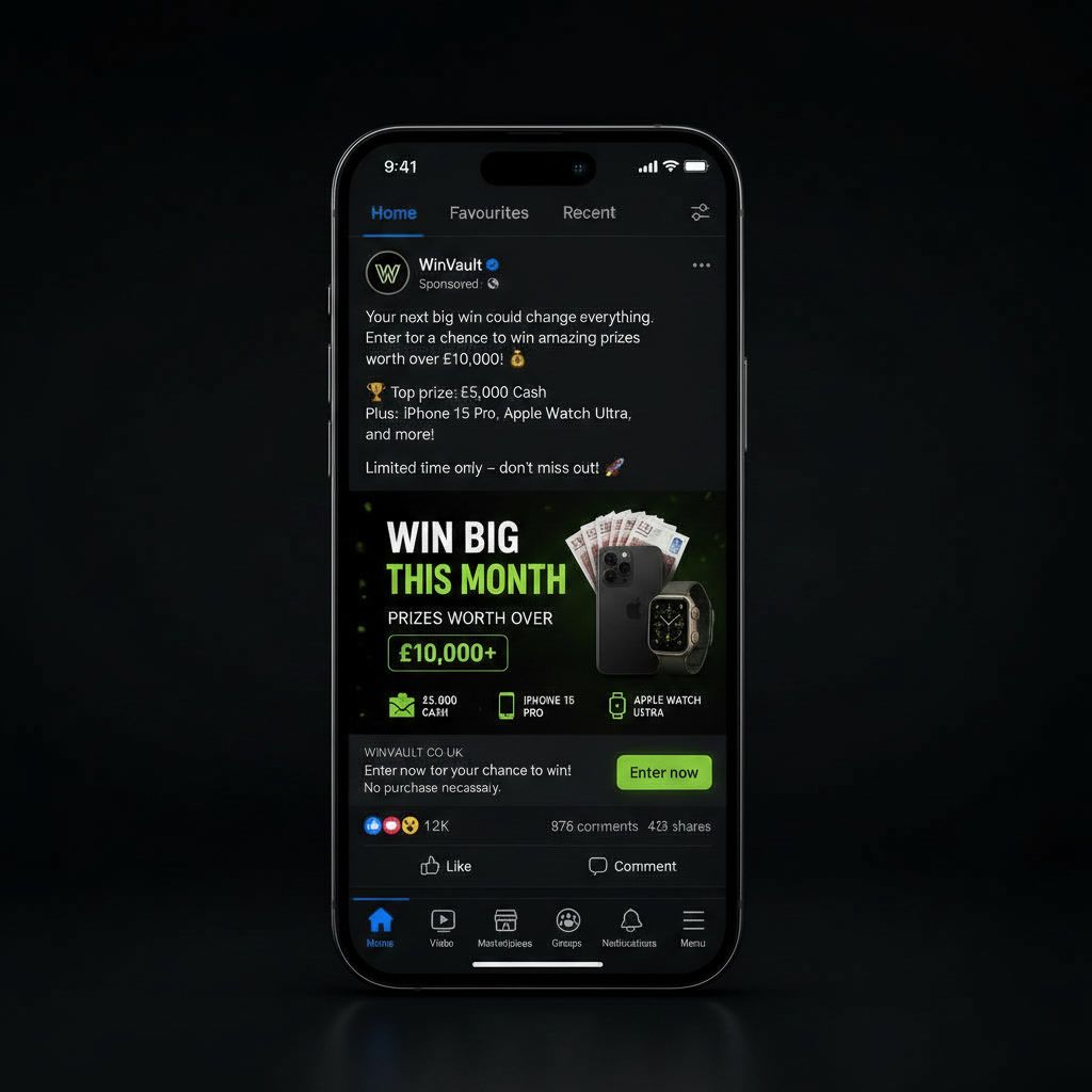 Prize competition advert running in a social media feed