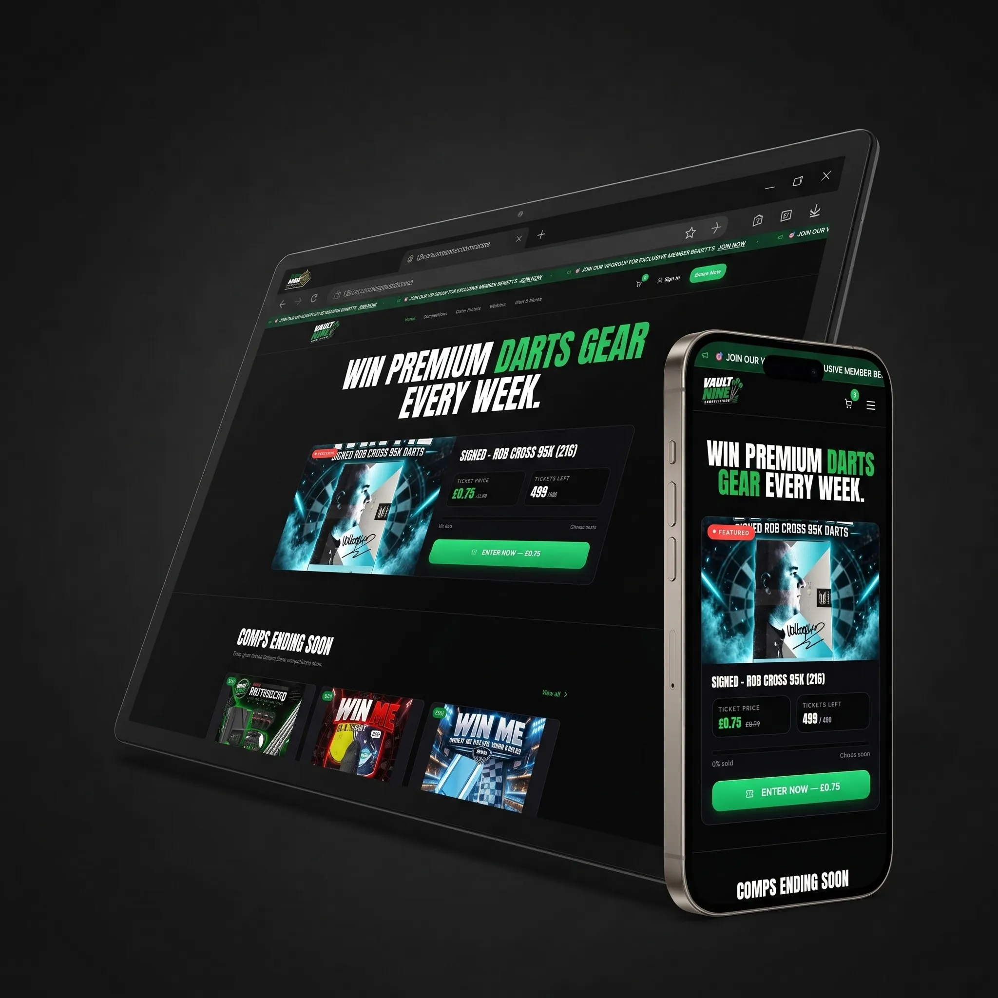 The VaultNine Competitions website, built by RaffleLabs, shown on desktop and mobile