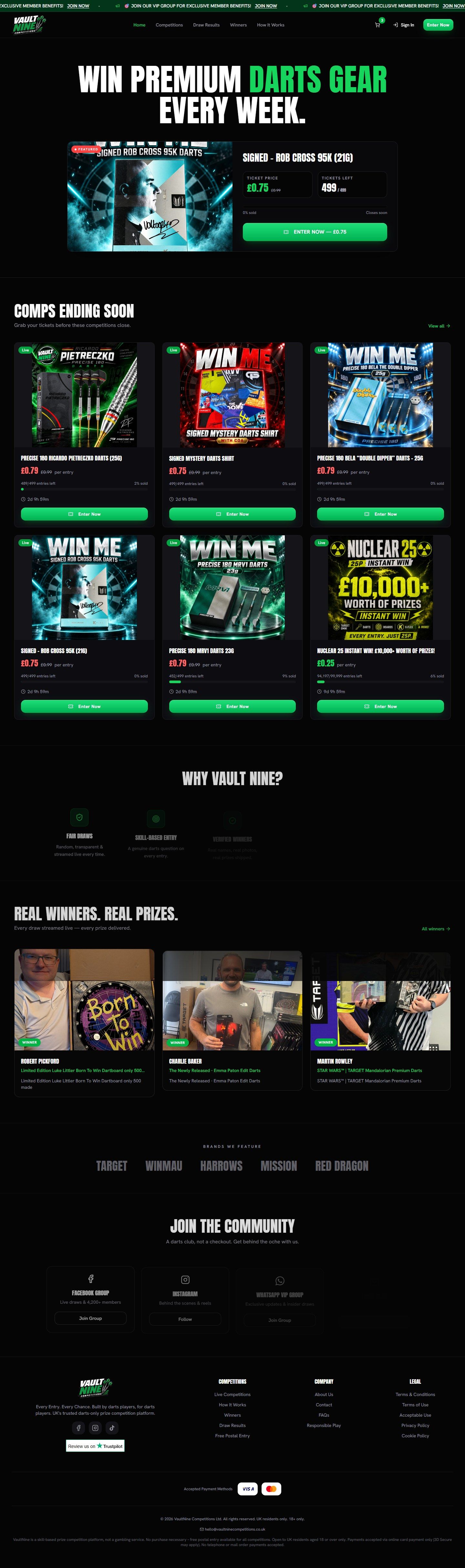 The VaultNine Competitions homepage, built by RaffleLabs